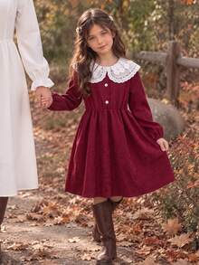 Tween Girls Christmas & Halloween Elegant Burgundy Corduroy Half-Button Cinched Waist Long Sleeve Dress With Contrast White Embroidered Lace Peter Pan Collar, Autumn/Winter Holiday Party Single Piece - Red - View 2