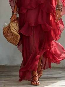 Women Long Dresses - Burgundy - View 3