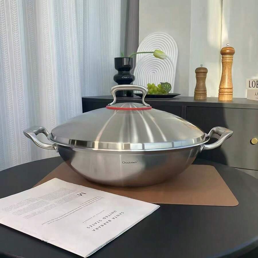 18/10 Stainless Steel 36CM Wok, Thickened Three-Layer Composite Steel, Multi-Function Stir-Fry Pan, Low Smoke, No Coating, Physical Non-Stick