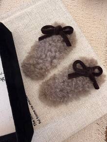 2pcs Coffee Color Bow Plush Hair Clips Side Clips Women Premium Bangs Forehead Hair Accessories Hairpins BB Clips - Multicolor - View 4