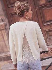 New Women's Back Split Contrast Lace Knit Top, Soft Long Sleeve Crew Neck Pullover Sweater, Elegant Base Layer - Apricot - View 4