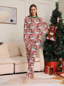 Women's 2 Pieces Christmas Pajama Set, Round Neck Santa Claus & Candy Cane All-Over Print Top, Red & White Striped Santa Claus All-Over Print Pants, Holiday Loungewear Set - Multicolor - View 2