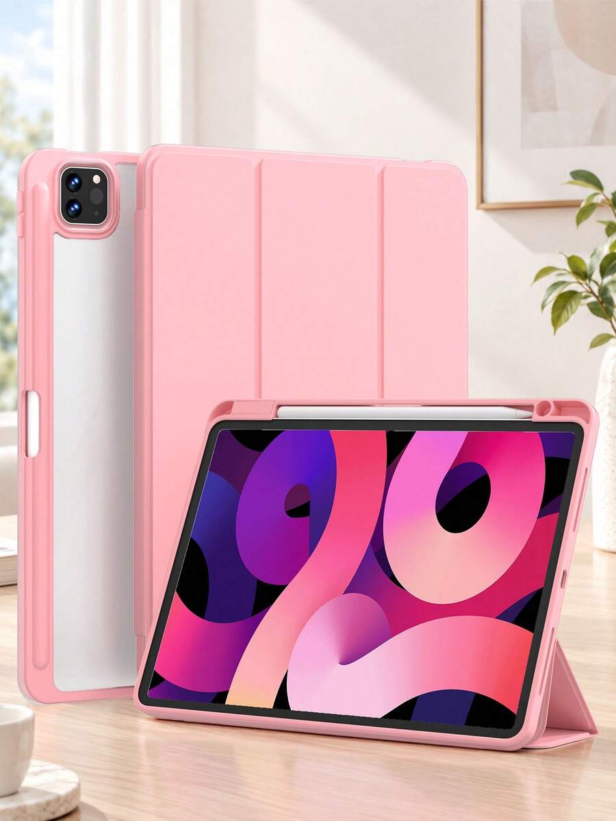 適用於 iPad (A16) 11 吋 11 代 2025 翻蓋平板保護殼 10 代 2022 純色 自動喚醒/睡眠 兼容 iPad 9/8/7 10.2 吋 Air 4/5/6/7/8/11 吋 保護殼 附筆槽 三折支架 自動喚醒/睡眠 粉紅色