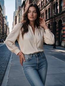 Women's Ruffle Collar Button-Front Puff Sleeve Blouse, Casual Top, Suitable For Autumn/Winter Daily Commute And Outings - Khaki - View 4