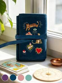 Velvet Tarot Card Storage Bag, Featuring Animal, Heart And Evil Eye Pattern Print, Dual-Color Blue And Purple With Drawstring Closure, Soft Fabric Protective Cover, Portable Card Holder, Suitable For Storing Tarot Cards And Small Items, Tarot Card Bag, Applicable For Tarot Cards, Divination Cards, Card Games And Small Items Storage, Suitable For Christmas, New Year, Valentine's Day And Back To School Gifts - Multicolor - View 2