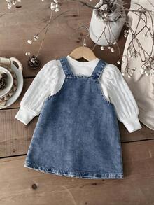 2pcs Baby Girl Cute Puff Sleeve Pullover Top & Denim Overall Dress Set, Thin Spring/Autumn - Light Wash - View 2