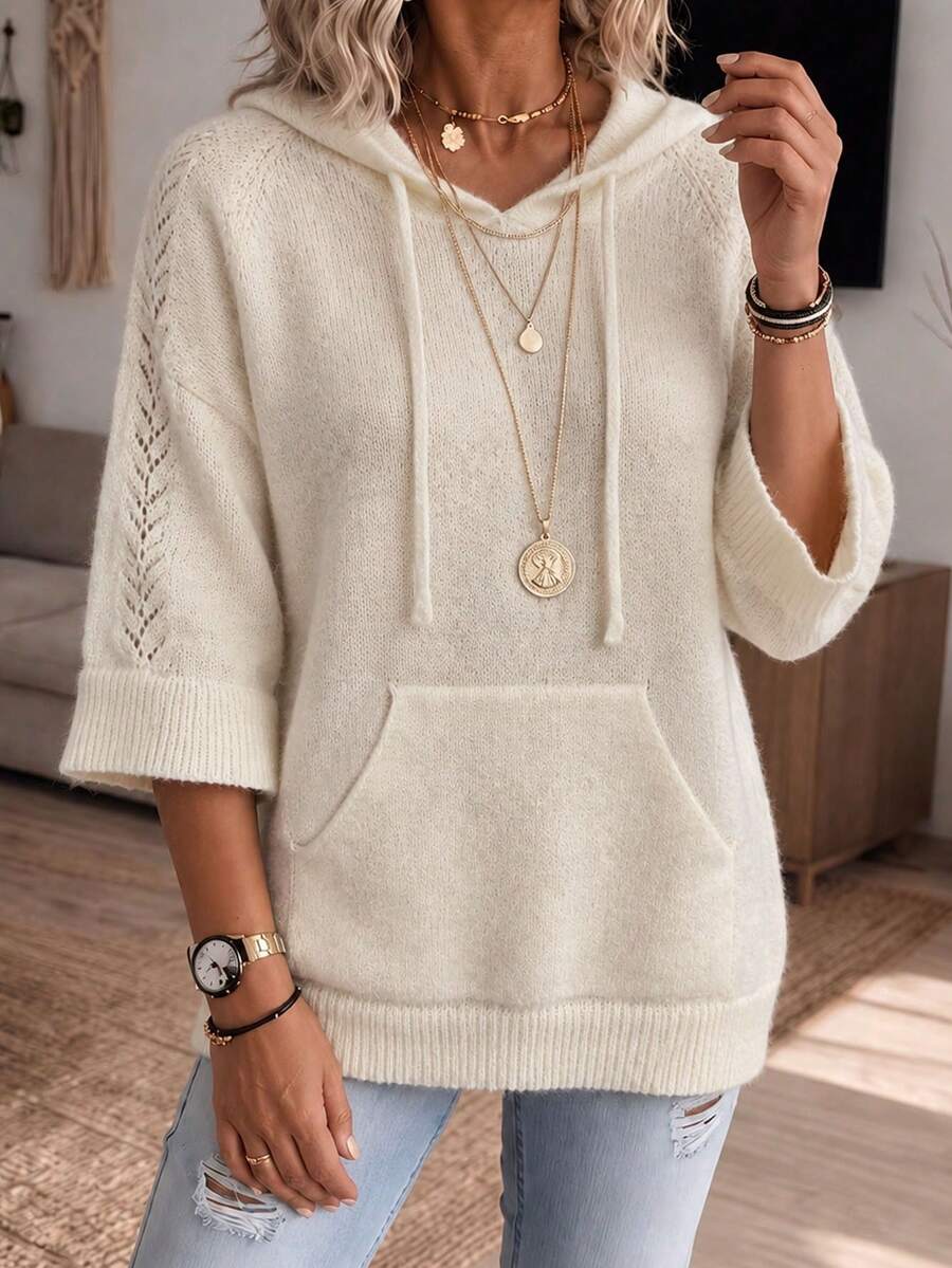 Women's Autumn/Winter Hooded Knit Pullover Sweater With Drawstring And Hollow-Out Details, Plus Size Comfortable Loose Fit Top - Apricot - View 1