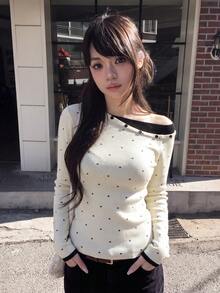 Women's Autumn/Winter Polka Dot Asymmetric Collar Long Sleeve Sweater - Apricot - View 1