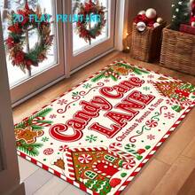 1pc 2D Flat Printing Christmas Candy Lane Theme Doormat, Gingerbread House & Candy Cane Pattern Indoor Non-Slip Carpet, Machine Washable Easy Clean Polyester Rug, Suitable For Home & Outdoor Decor, Entryway, Bedroom, Balcony, Gift Home Decor - Champagne - View 1