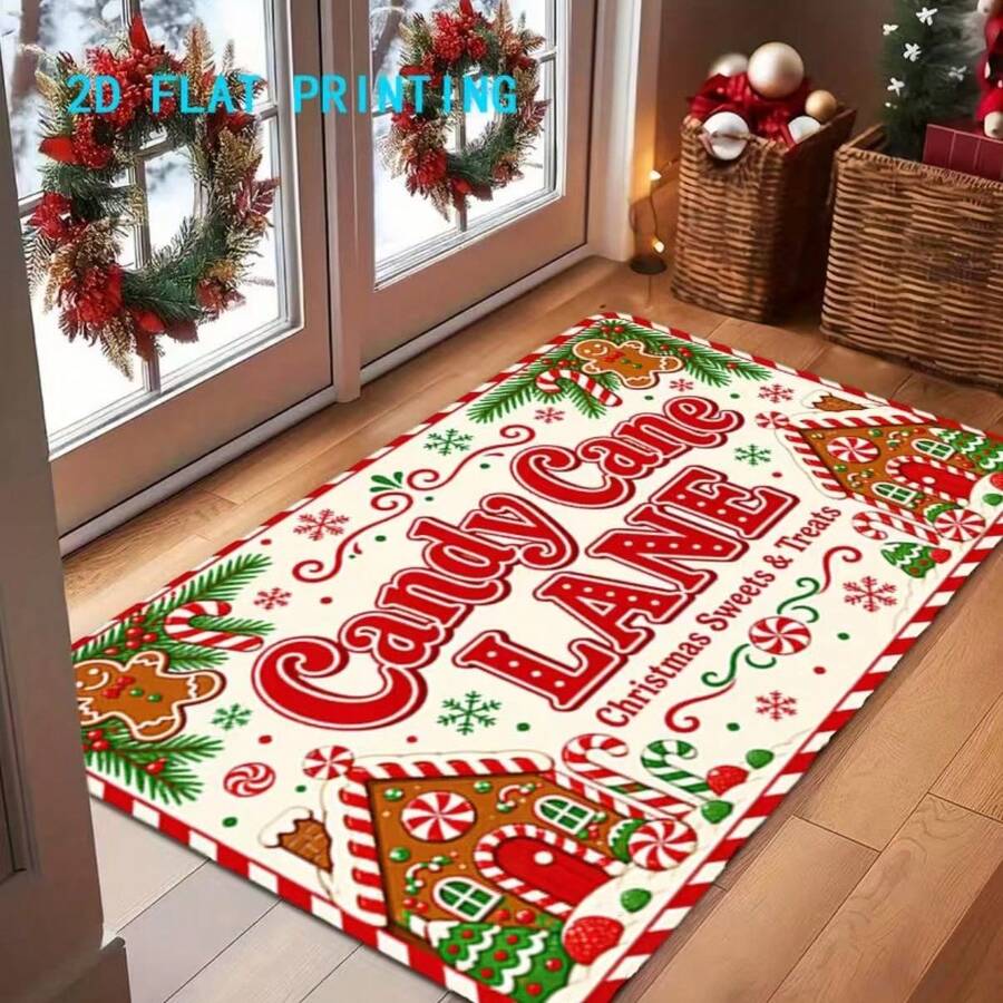 1pc 2D Flat Printing Christmas Candy Lane Theme Doormat, Gingerbread House & Candy Cane Pattern Indoor Non-Slip Carpet, Machine Washable Easy Clean Polyester Rug, Suitable For Home & Outdoor Decor, Entryway, Bedroom, Balcony, Gift Home Decor - Champagne - View 1