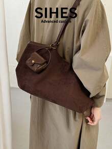 1pc Solid Color Suede New Women's Backpack, Crossbody Bag, Fashionable Large Capacity Tote Bag, Magnetic Closure, Dual Handles, Suitable For Commuting, Shopping, Dating, Shopping - Coffee - View 8