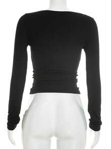 Women's Black Long Sleeve Deep V-Neck Top, Contrast Lace Trim, Knitted Fabric Regular Fit Blouse, Suitable For Autumn Daily Wear - Black - View 3