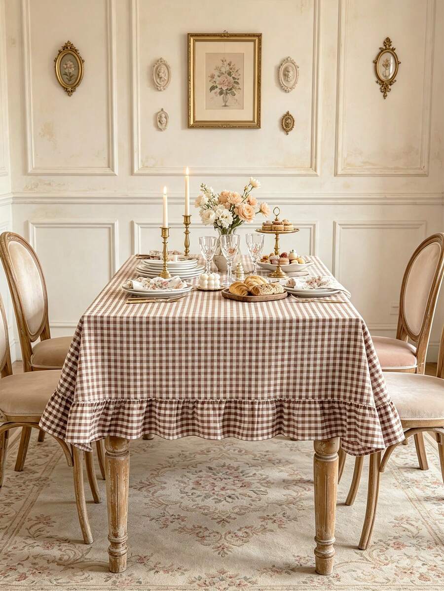 1pc French Retro Plaid Tablecloth, Farmhouse Vintage Style With Ruffle Trim, Skin-Friendly Washable Reusable, Suitable For Home Kitchen Dinner, Outdoor Activities, Living Room, Dining Room, Party, Daily Decor - Brown - View 1