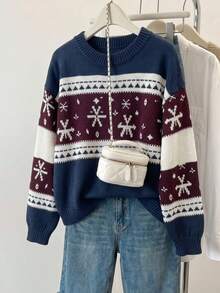 Sweater Rajut Lengan Panjang Motif Salju Musim Dingin Wanita, Pullover Modis Leher Bulat Potongan Reguler, Cocok untuk Dipakai di Musim Gugur - Navy Blue - View 10