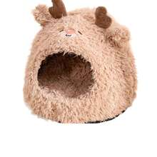 1pc Cute Cartoon Animal Pet Cave Bed, Semi-Enclosed Plush Sleeping Nest With Raised Edges And Soft Cushion, Bear, Deer And Rabbit Patterns, Suitable For Cats And Small Dogs, Indoor Pet Resting Bed - Multicolor - View 11