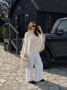 MORI Autumn/Winter Beige Hollow Knit High Neck Tassel Shawl Sweater Cape Coat Women's Coffee Date Outfit Top - Apricot - View 3