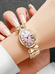 Elegant Luxury Twisted Alloy Chain Watch, Classic Roman Numeral Oval Dial Versatile Quartz Watch For Women, Gift For Girlfriend (1pc/Set) Watch Box Not Included - Gold - View 2