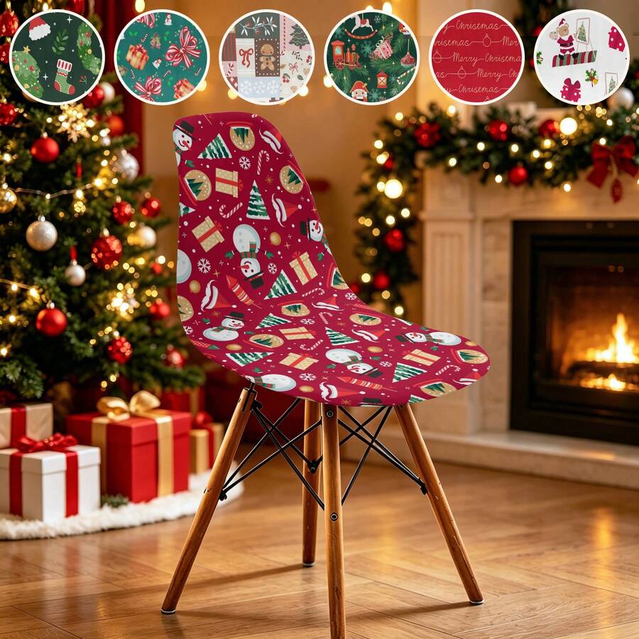 1/2/4/6pcs Christmas Print Shell Chair Covers, Removable & Washable, Suitable For Home, Hotel, Banquet