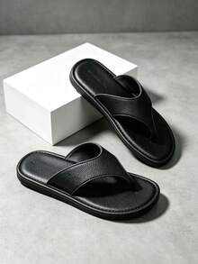 Men's Pure Black Casual Breathable Slippers, Soft Non-Slip EVA Sole Sandals, Spring Summer Fashion Outdoor Lightweight One-Strap Slides, Suitable For Daily Beach Wear - Black - View 7