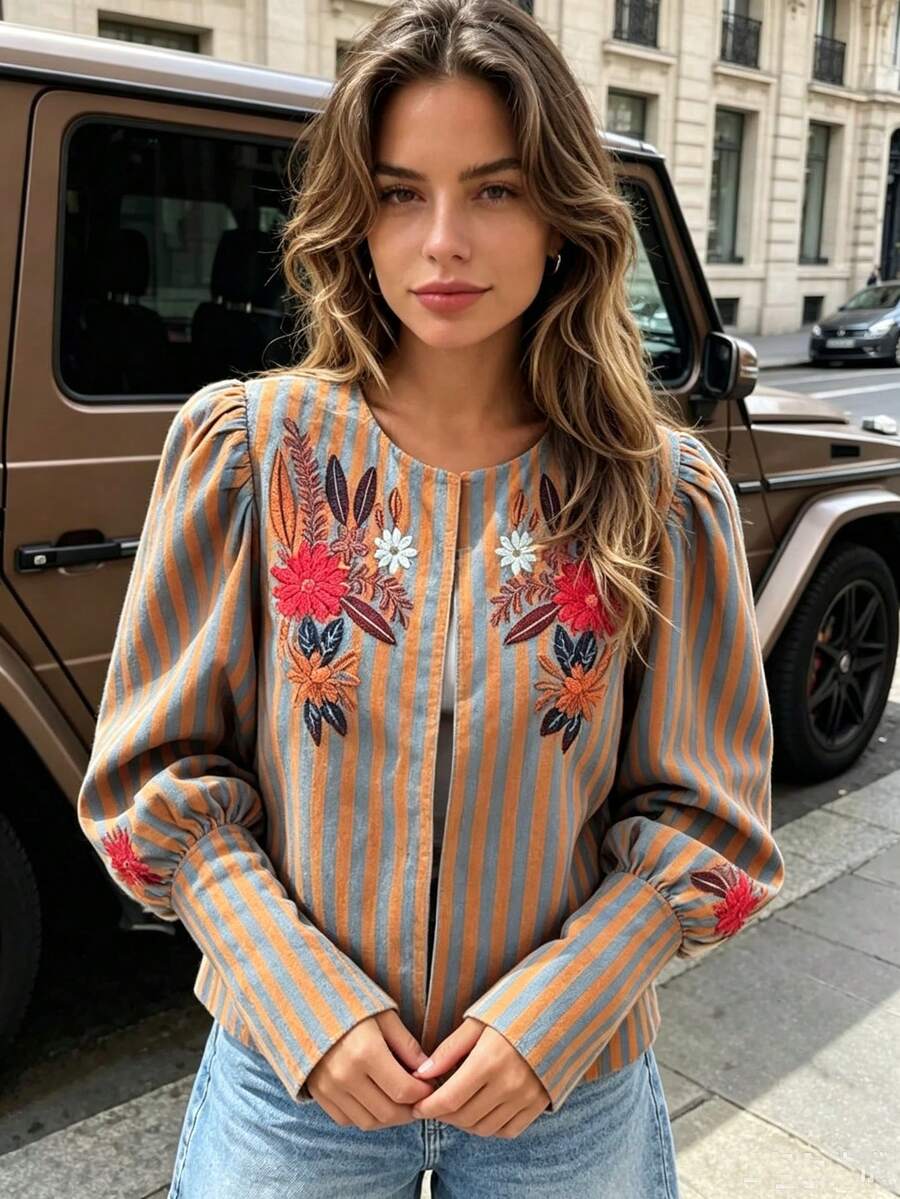 Seelio Spring/Summer New Women's European And American Style Fashion Minimalist Striped Floral Embroidered Jacket - Color - View 1