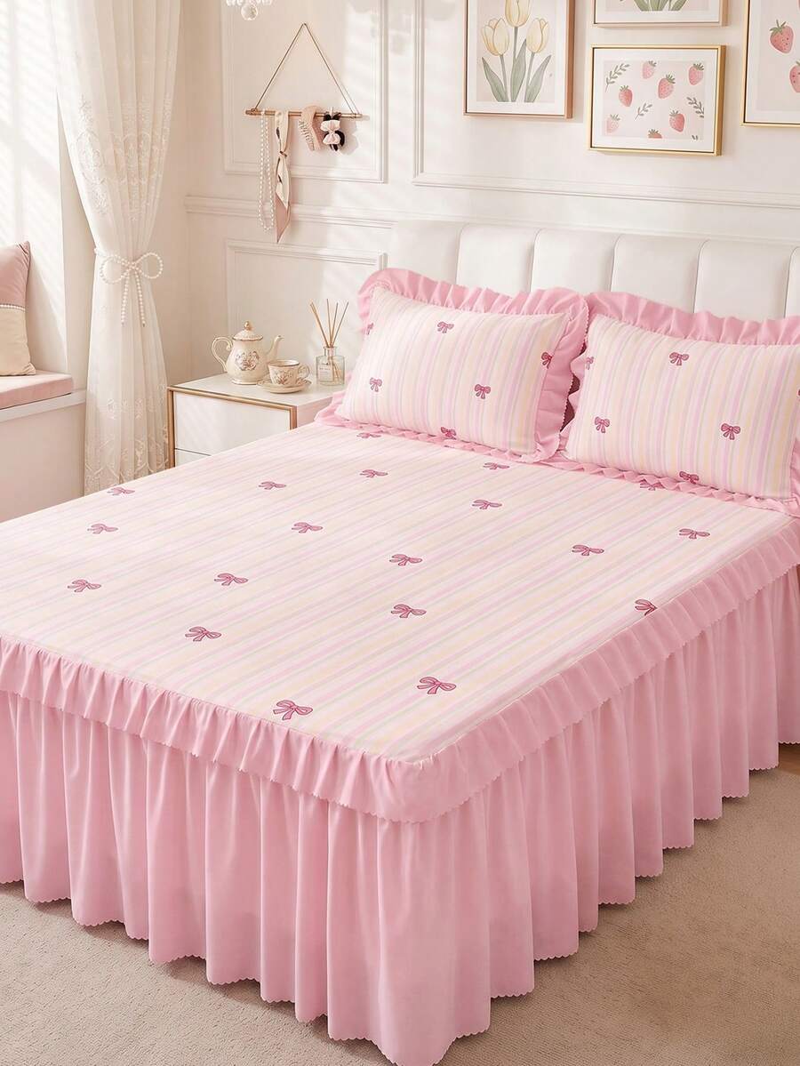 1pc Ruffle Bed Skirt, Striped Bow Print Bedding, Bed Cover, Mattress Protector, Room Decor, Home Textile, Soft Breathable Comfortable Lightweight, Suitable For Twin/Full/Queen/King Size Bed, Dust-Proof Anti-Slip, All Season Use, Machine Washable