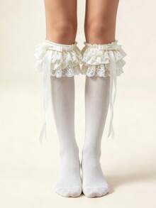 1pc Women's Lolita Style White Ruffle Lace Mid-Calf Socks, Satin Bow Long Ribbon Decor Calf Socks, Comfortable & Breathable Socks, Suitable For Dating, Costume Party, Sweet Outfit & Street Style - Multicolor - View 2