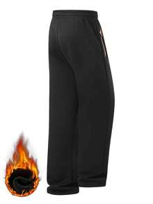 Men's Velvet Lined Straight Leg Sweatpants, Elastic Drawstring Waist With Zipper Pockets, Winter Warm Outdoor Casual Sports Pants - Black - View 3