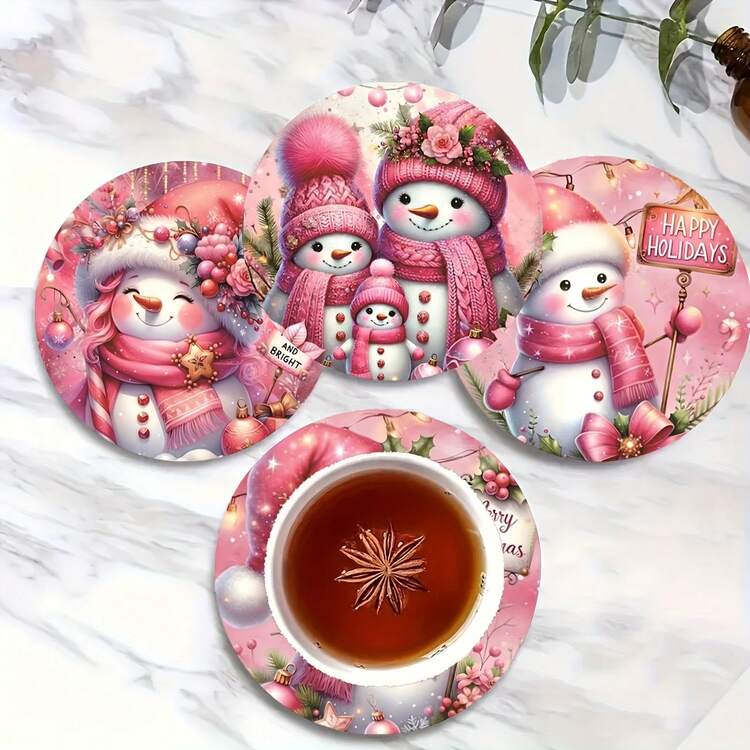Christmas Hot-Selling Best-Seller, Pink Snowman Christmas Coaster Set, Cute Round Heat-Insulating Mat Holiday Tabletop Decor, Suitable For Home Kitchen Dining Table Party, Non-Slip Coaster Christmas Gift Ornament - PET Coaster LDX2853 - View 4