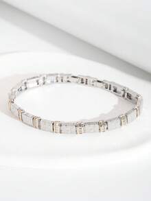 1pc Luxury Elegant Sparkling Cubic Zirconia Inlaid Dual-Color Rectangular Design Bracelet Suitable For Women's Wedding And Banquet Wear, Gift Box Not Included - Multicolor - View 2