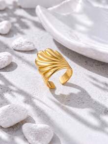 European And American High-End Gold Thick Shell Textured Wide Band Ring, Women's Vintage Design Versatile Finger Ring, Personalized Hand Accessory - Gold - View 3