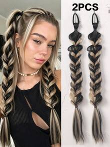 2PCS Mixed Black & Gold Thick Braided Ponytail Wigs In Assorted Styles, Synthetic Elastic Headband Long Braid Hair Accessories For Daily, Party And Festival Hairstyles - Multicolor - View 12