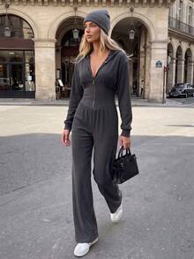 Women's Knitted Long Sleeve Wide Leg Jumpsuit - Grey - View 1