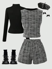Tween Girls Fashion Black & White Bold Floral Vest & Long Sleeve Turtleneck Base Layer T-Shirt & Contrast Color Shorts Set, Elegant Casual Style - Black - View 3