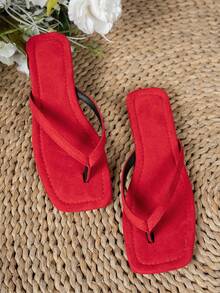 New Spring/Summer Women's Red Fabric Square Toe Flat Flip Flops, Casual Fashion Vintage Indoor Slippers Sandals - Red - View 4
