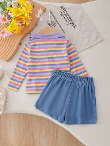 2pcs Baby Girl Cute Dopamine Style Colorful Striped Polo Collar Long Sleeve Top With Floral Applique Denim Skort Set, Spring/Autumn - Purple - View 3
