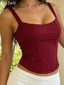 Da Jade Burgundy Adjustable Strap Square Neck Fitted Corset Top, Back Lace-Up Short Camisole, Structured And Elegant, Suitable For Outings, Parties, Date Night - Burgundy - View 5