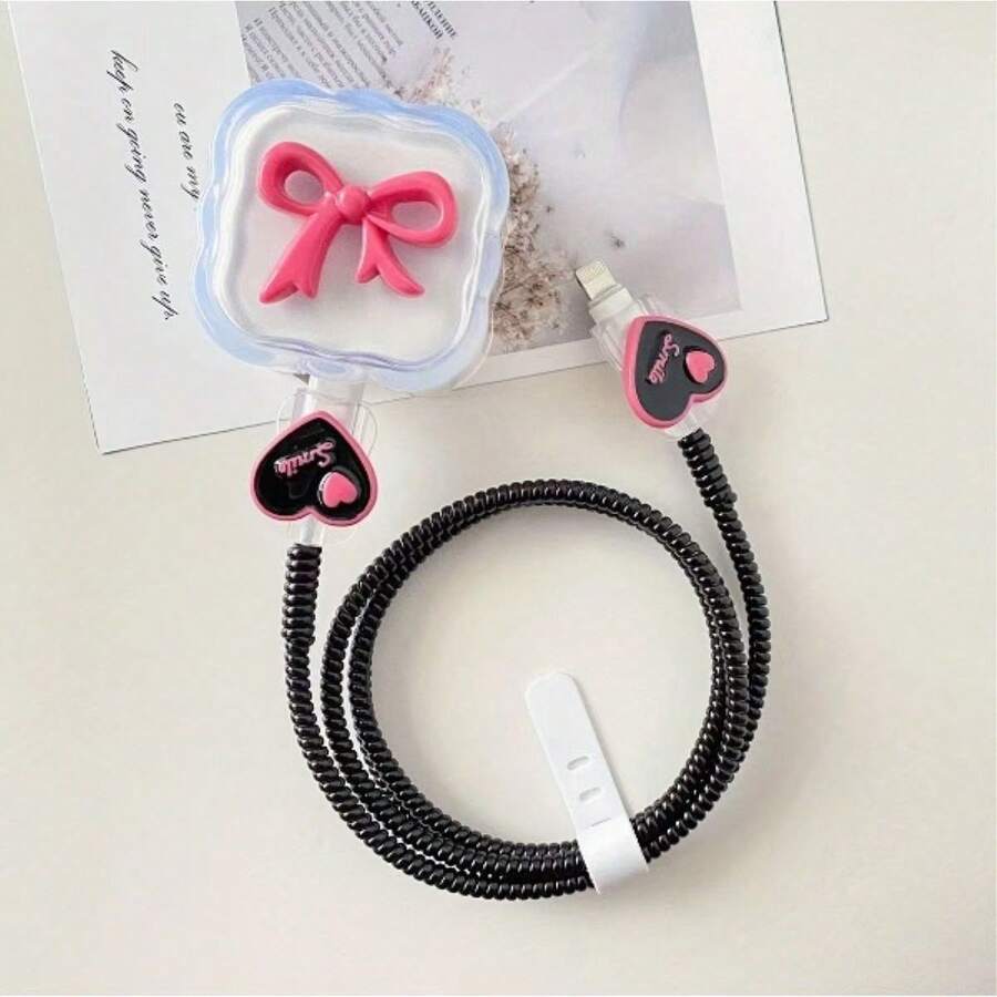 Simple And Stylish Bow-Knot Apple 40W Charger Protective Case Compatible With Iphone 17 Pro Max/16/15 With Data Cable Sleeve. - 40W Transparent 3D Bow - View 1