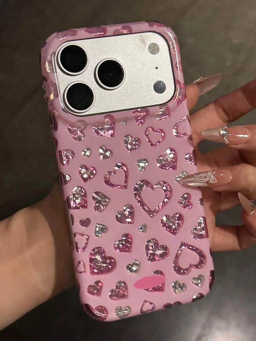 1pc Heart Glossy Pink Glitter Heart Sweet Phone Case,Compatible With IPhone 18 Pro Max 17 Pro Max 16 Pro Max 15 Pro Max 14 Pro Max & 11/12/13/14/15/16/17/18 Pro/Plus - Pink - View 1