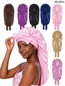 Awegeo 4Pcs/1Pc Extra Long Adjustable Silky Satin Sleep Bonnet - Soft & Comfortable, Luxurious Hair Protection, Suitable For Curly/Natural Hair, Multiple Colors Available, Essential Nighttime Hair Care Product - Multicolor - View 1