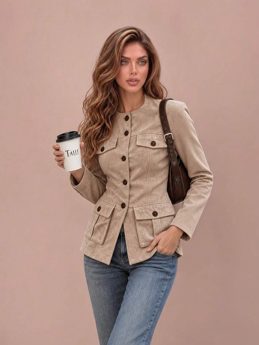 Women's Round Neck Vintage Suede Fitted Coat, Regular Length, Multiple Flap Pockets, Fall Winter Commute Outerwear - Khaki - View 1