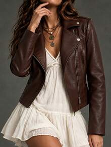 Women's Burgundy Faux Leather Asymmetrical Zipper Motorcycle Jacket, Collar, Long Sleeve, Regular Length, Non-Stretch Fabric, Autumn - Coffee Brown - View 6