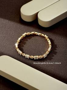 1pc Modern Geometric Style Multi-Shape Trapezoid & Horse Eye Zirconia Inlaid Thin Bracelet, Daily Layering Streetwear Vibe Accessory - Gold - View 6