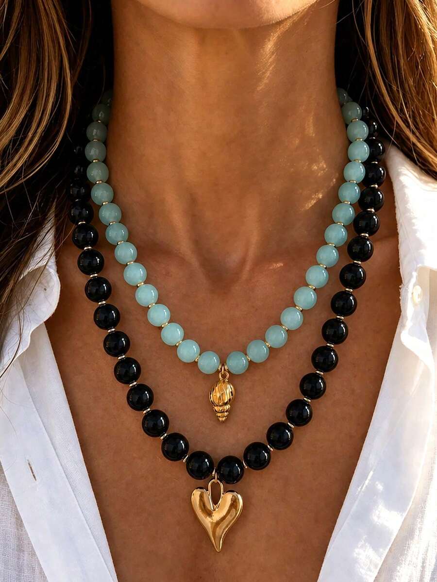 2/1pc Vintage Elegant Metal Heart & Shell Pendant Multi-Color Beaded Necklace Set, Suitable For Vacation And Daily Wear - Multicolor - View 1