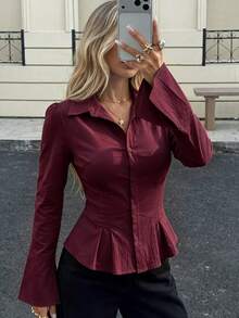 Women's Elegant Burgundy Peplum Blouse, Button Front Collared Long Sleeve Top, Cinched Waist Flared Cuff Shirt For Fall Work And Date Night. - Burgundy - View 7