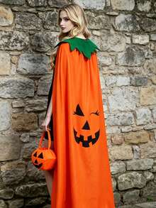Halloween Pumpkin Theme Party Cape Set With Pumpkin Headband And Candy Bag, Perfect Halloween Holiday Costume Gift, Party Outfit - Multicolor - View 5