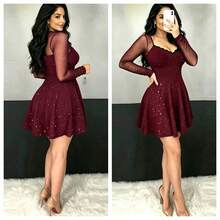 Sexy Sequin Sheer Dress, Elegant Fitted Party Dress, Suitable For All Seasons - Burgundy - View 6