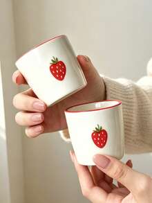 1pc/2pcs/4pcs Korean Ins Style Cute Hand-Painted Mini Ceramic Cups, Fresh Strawberry Cherry Heart Flower Small Coffee Cups, Kawaii Porcelain Tea Cups For Home Kitchen, Girls Gift, Microwave , Espresso Cups - Multicolor - View 14