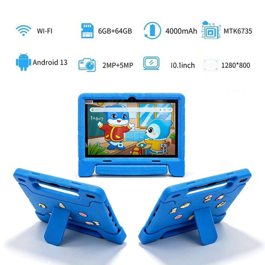 Tablet 10,1 inci dengan RAM 6GB + ROM 64GB / Prosesor Quad-Core 1,3GHz / Android 13 MTK6735 / Layar IPS HD 1280x800 / Kamera 2MP+5MP / Baterai 4000mAh / WiFi, Kontrol Orang Tua, Edukasi, Gaming / Bahan ABS + Silikon, Tablet Edukasi