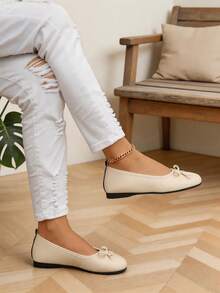 1 Pair Women's Beige Bow Decor Round Toe Flat Ballet Shoes Fashion Design Daily Slip‑On Flat Shoes - Beige - View 5
