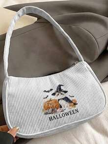 1pc Halloween Theme Print Corduroy Shoulder Bag, Underarm Bag, Large Capacity Storage, Zip Closure Y2K Baguette Handbag For Daily Travel Gift - Multicolor - View 3